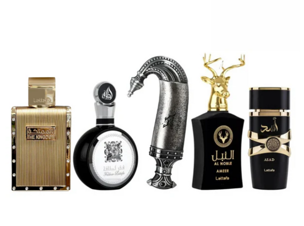 Promoção Pague 2 Leve 5 - Khanhar, The Kingdom Men, Lattafa Fakhar, AL Noble Ameer e Assad Lattafa - 100ml cada - QUEIMA DE ESTOQUE!